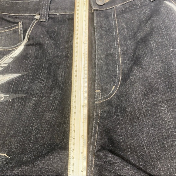 Y2K Baggy JNCO Style Graphic Denim Shorts Lightning Fleur-de-Lis Bling Detail - Picture 5 of 16